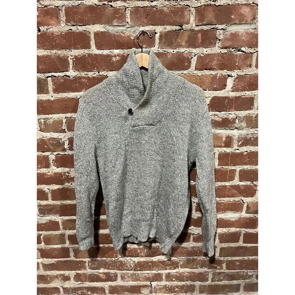 Vintage LL Bean Mens Gray Knit Long Sleeve Pullover Cowl Neck Size Medium Wool